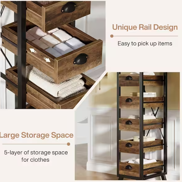 Pealaa 45 in. Tall Rustic Brown 5-drawer Chest of Drawers, Narrow Dresser Storage Chest for Bedroom, Small Space