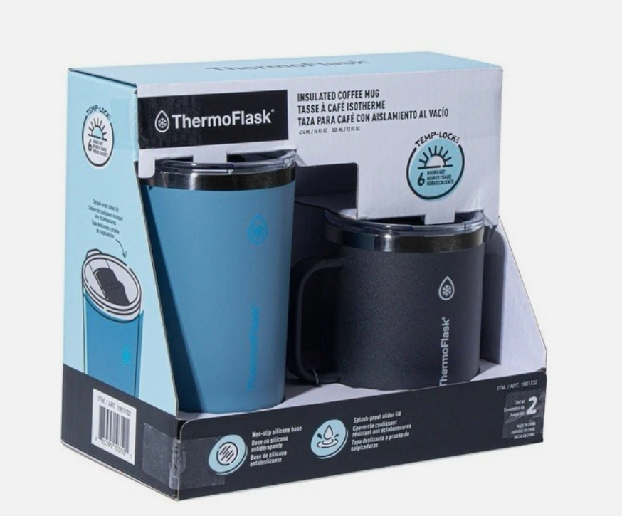 ThermoFlask Stainless Steel Insulated Coffee Mug Set, 2 Pack (Blue/Black)