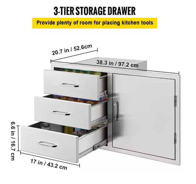 Outdoor Kitchen Drawers Stainless Steel BBQ Access Drawers with Handle 38.1 in. W x 22.6 in. H x 20.8 in. D