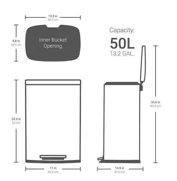 13 Gal. Stainless Steel Kitchen Trashcan, Step-on, Rectangle