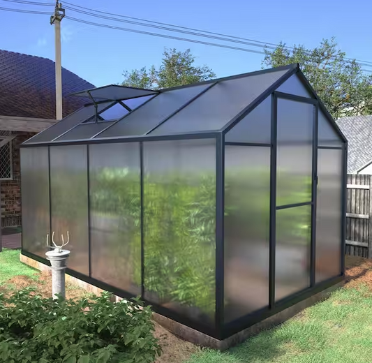 6 ft. W x 8 ft. D Polycarbonate Greenhouse For Outdoors, Green House Kit with Adjustable Roof Vent, Gray