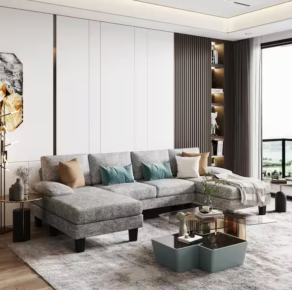 110 in. Pillow Top Arm Chenille U-Shaped Modern Sofa in Florid Gray with Chaise