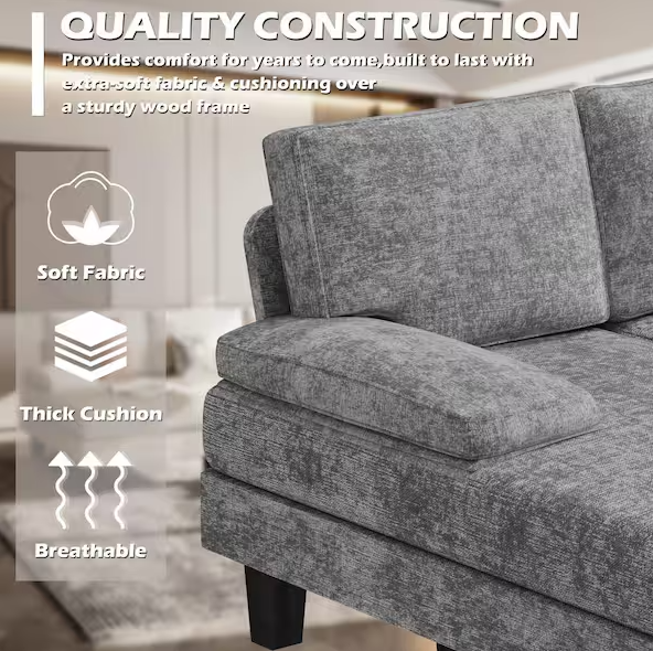 110 in. Pillow Top Arm Chenille U-Shaped Modern Sofa in Florid Gray with Chaise