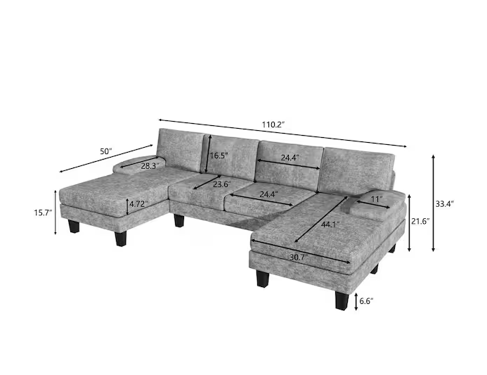 110 in. Pillow Top Arm Chenille U-Shaped Modern Sofa in Florid Gray with Chaise