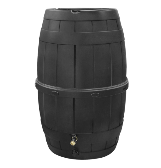 Garden Central 39-Gallon Rain Barrel with Brass Spigot, Black Plastic Outdoor Water Collection Container with Planter Top for Gardening & Lawn