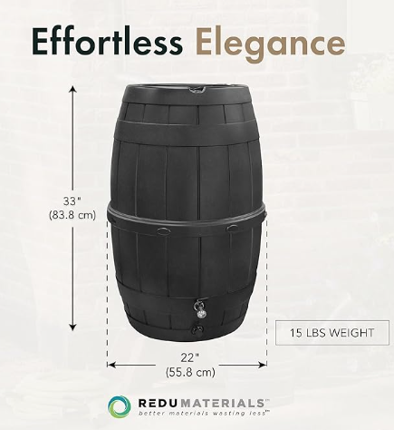 Garden Central 39-Gallon Rain Barrel with Brass Spigot, Black Plastic Outdoor Water Collection Container with Planter Top for Gardening & Lawn