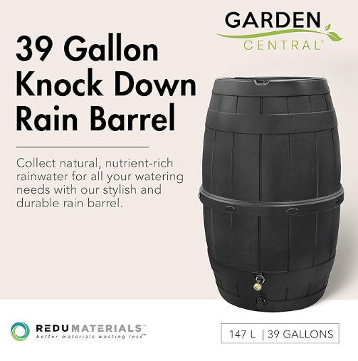 Garden Central 39-Gallon Rain Barrel with Brass Spigot, Black Plastic Outdoor Water Collection Container with Planter Top for Gardening & Lawn