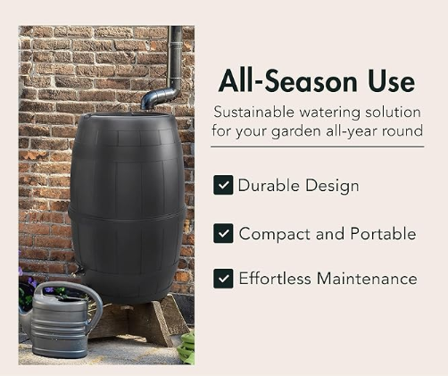 Garden Central 39-Gallon Rain Barrel with Brass Spigot, Black Plastic Outdoor Water Collection Container with Planter Top for Gardening & Lawn