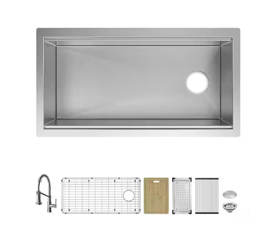 Professional Zero Radius 36 in. Undermount Single Bowl 16 Gauge Stainless Steel Workstation Kitchen Sink with Faucet