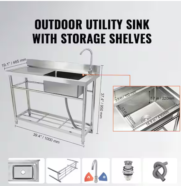 Stainless Steel Utility Sink, 39.4 in. x 19.1 in. x 37.4 in. 1 Compartment Free-Standing Single Bowl for Restaurant