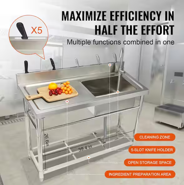 Stainless Steel Utility Sink, 39.4 in. x 19.1 in. x 37.4 in. 1 Compartment Free-Standing Single Bowl for Restaurant