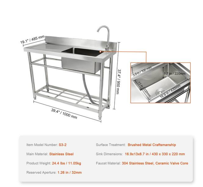 Stainless Steel Utility Sink, 39.4 in. x 19.1 in. x 37.4 in. 1 Compartment Free-Standing Single Bowl for Restaurant