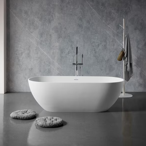 59 in. Stone Resin Flatbottom Solid Surface Freestanding Double Slipper Soaking Bathtub in White with Brass Drain