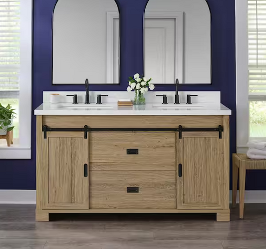 Brindley 60 in. Double Sink Freestanding Aged Oak Bath Vanity with White Engineered Stone Top (Assembled)