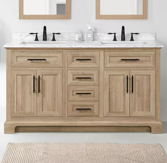 Doveton 60 in. Double Sink Freestanding Weathered Tan Bath Vanity with White Engineered Marble Top (Assembled)