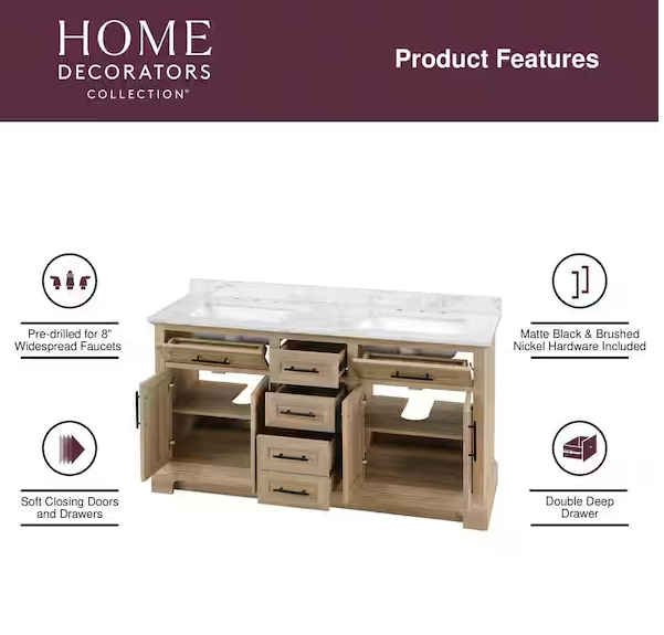 Doveton 60 in. Double Sink Freestanding Weathered Tan Bath Vanity with White Engineered Marble Top (Assembled)