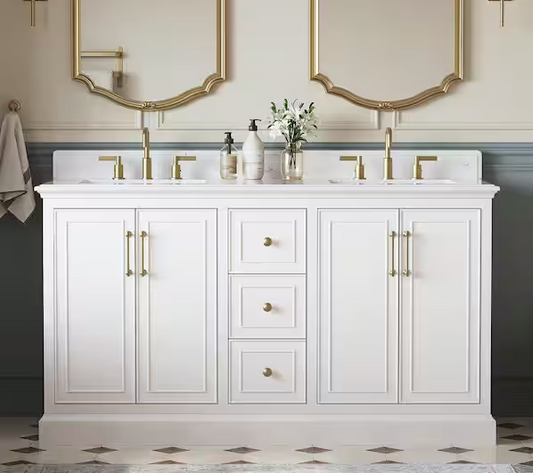 Ravenscroft 61 in. Double Sink White Swan Bath Vanity with Carrara White Engineered Stone Top (Assembled)