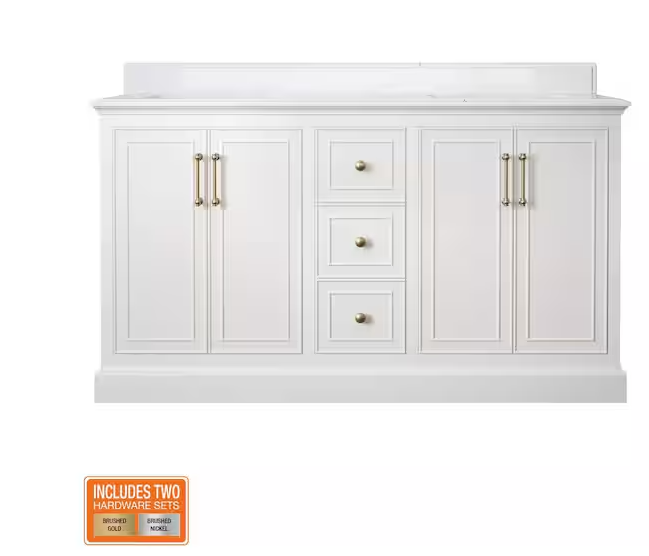 Ravenscroft 61 in. Double Sink White Swan Bath Vanity with Carrara White Engineered Stone Top (Assembled)