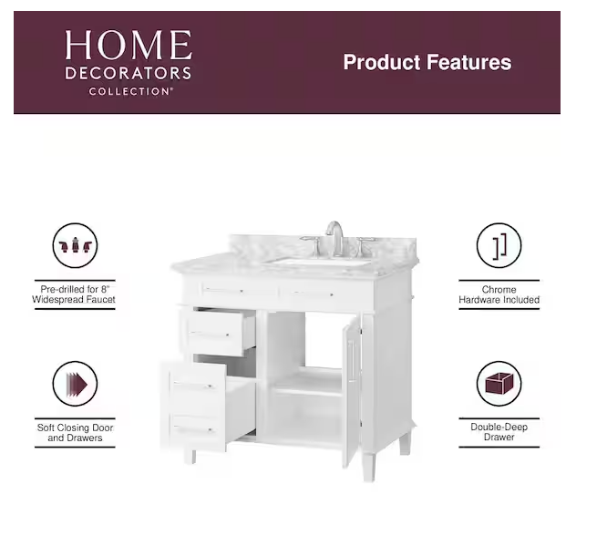 Sonoma 36 in. Single Sink Freestanding White Bath Vanity with Carrara Marble Top (Assembled)