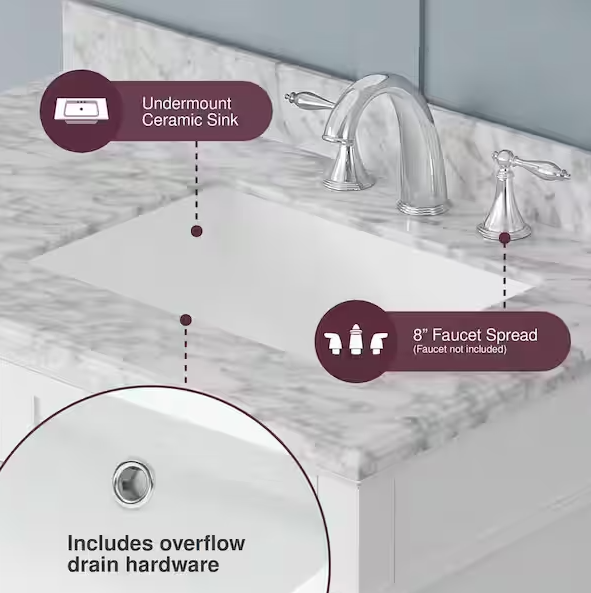 Sonoma 36 in. Single Sink Freestanding White Bath Vanity with Carrara Marble Top (Assembled)