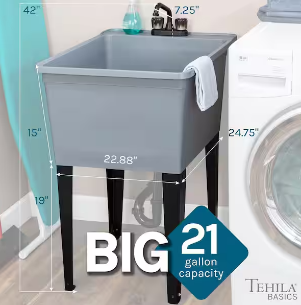 24.75 in. x 22.88 in. Grey Thermoplastic Freestanding Utility Sink with Matte Black Finish Faucet