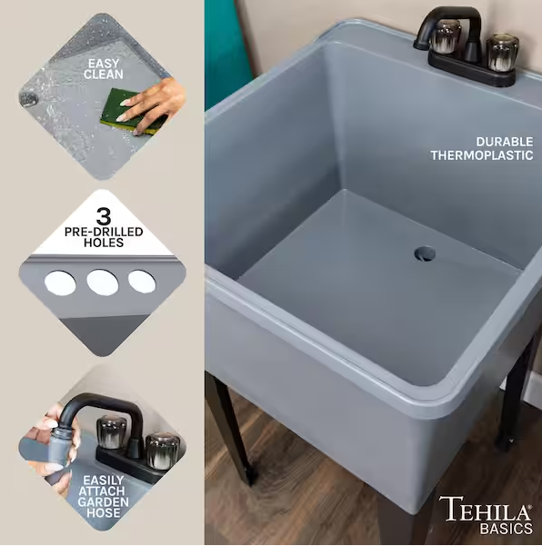 24.75 in. x 22.88 in. Grey Thermoplastic Freestanding Utility Sink with Matte Black Finish Faucet