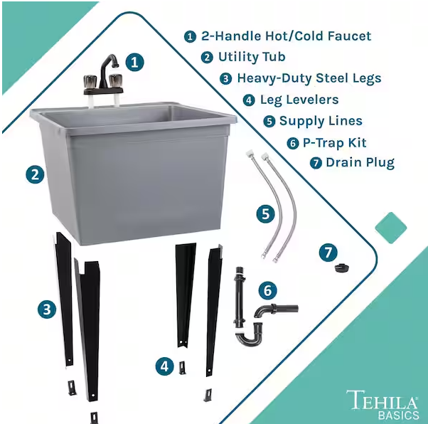 24.75 in. x 22.88 in. Grey Thermoplastic Freestanding Utility Sink with Matte Black Finish Faucet