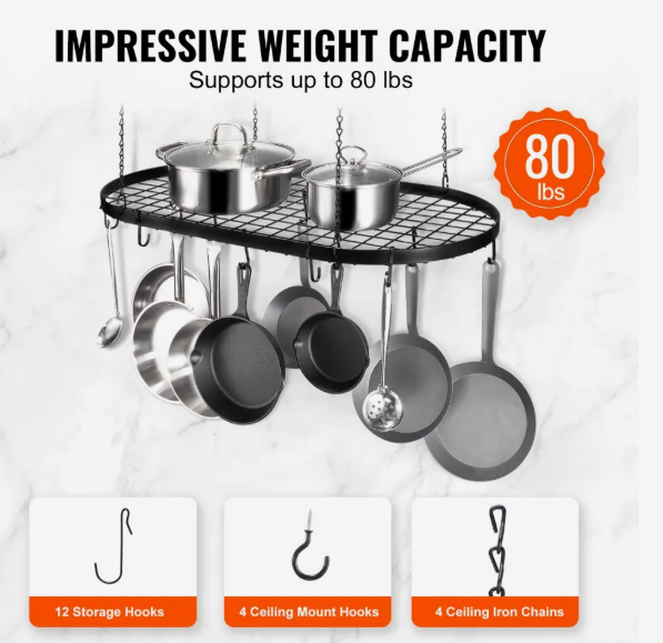 VEVOR Hanging Pot Rack, 32 inch Hanging Pot Rack Ceiling Mount, Ceiling Pot Rack with 12 S Hooks, 80 lbs Loading Weight, Ideal for Home, Restaurant, Kitchen Cookware, Utensils