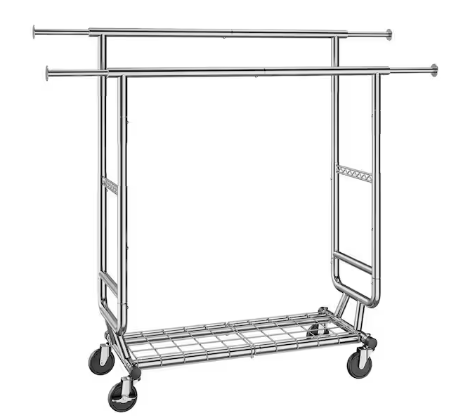 Heavy Duty Clothes Rack, Double Hanging Rod Clothing Garment Rack for Hanging Clothes, Adjustable Height Silver