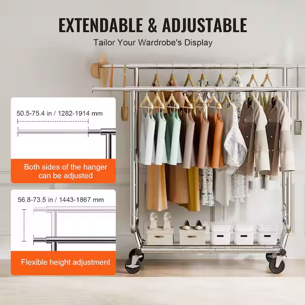Heavy Duty Clothes Rack, Double Hanging Rod Clothing Garment Rack for Hanging Clothes, Adjustable Height Silver