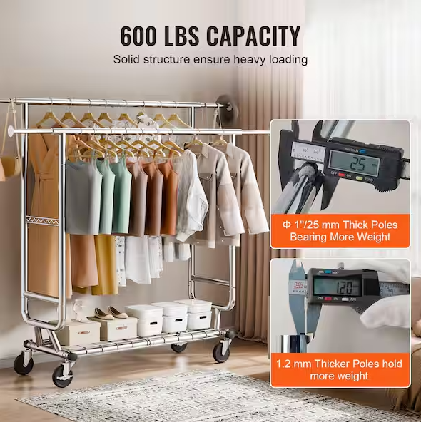Heavy Duty Clothes Rack, Double Hanging Rod Clothing Garment Rack for Hanging Clothes, Adjustable Height Silver