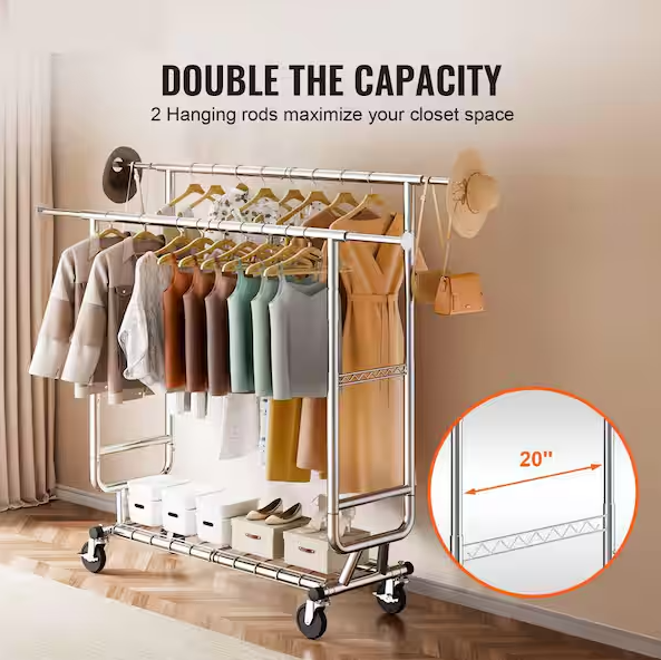 Heavy Duty Clothes Rack, Double Hanging Rod Clothing Garment Rack for Hanging Clothes, Adjustable Height Silver