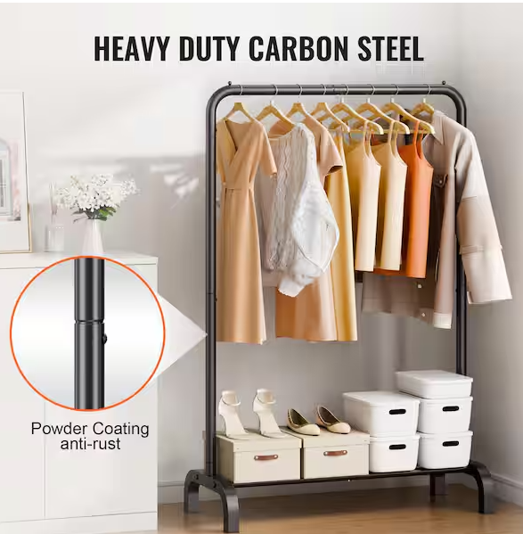 Clothes Rack, Heavy Duty Clothing Garment Rack with Hanging Rod and Bottom Storage Area, Clothing Rack Black