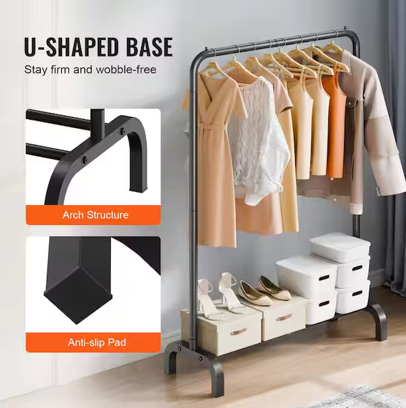 Clothes Rack, Heavy Duty Clothing Garment Rack with Hanging Rod and Bottom Storage Area, Clothing Rack Black