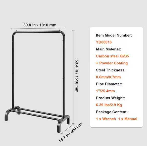 Clothes Rack, Heavy Duty Clothing Garment Rack with Hanging Rod and Bottom Storage Area, Clothing Rack Black