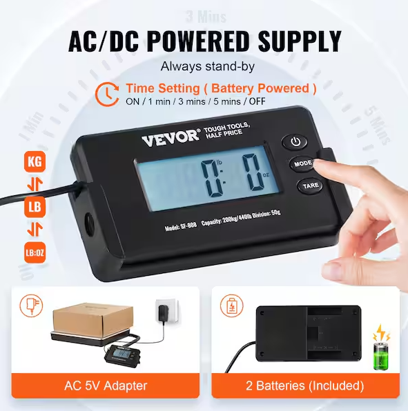 Digital Shipping Scale 440 lbs. LCD Screen Package Food Scale with Timer, Tare Function for Home Wired Connection