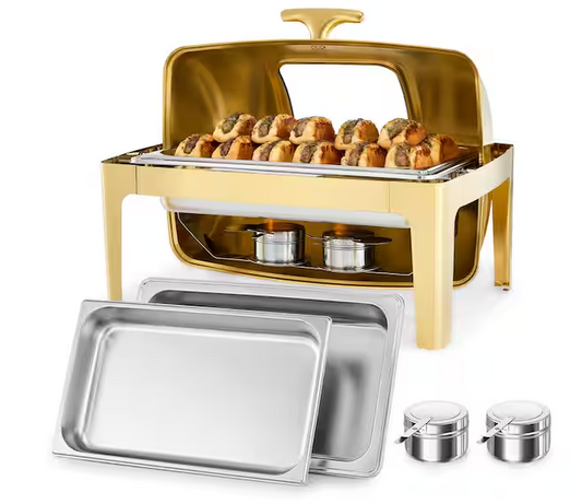 8.4 qt. Gold Stainless Steel Rectangular Chafing Dish for Buffet with Glass Window Full Size Food Pan