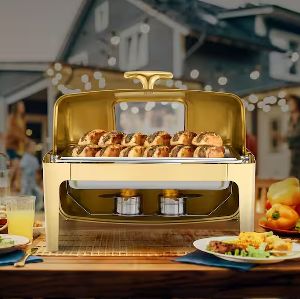 8.4 qt. Gold Stainless Steel Rectangular Chafing Dish for Buffet with Glass Window Full Size Food Pan