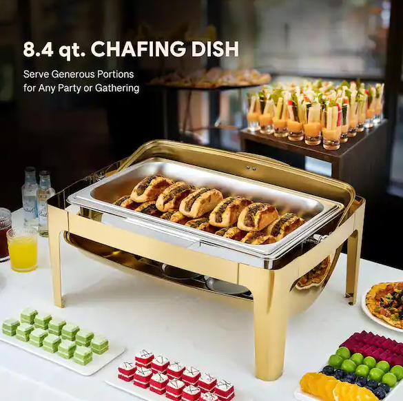8.4 qt. Gold Stainless Steel Rectangular Chafing Dish for Buffet with Glass Window Full Size Food Pan