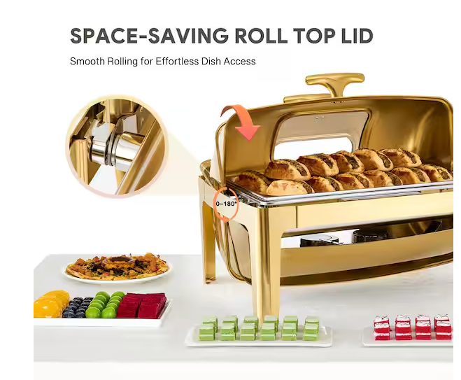 8.4 qt. Gold Stainless Steel Rectangular Chafing Dish for Buffet with Glass Window Full Size Food Pan