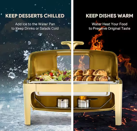 8.4 qt. Gold Stainless Steel Rectangular Chafing Dish for Buffet with Glass Window Full Size Food Pan