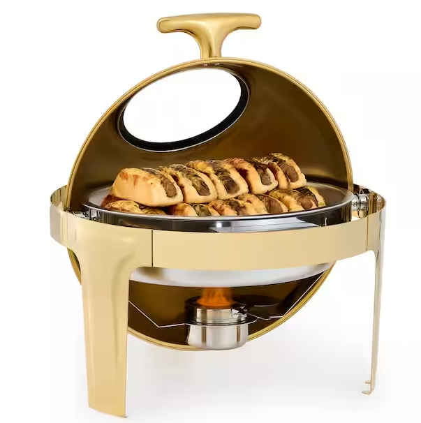 6.3 qt. Gold Stainless Steel Rectangular Chafing Dish for Buffet with Glass Window Full Size Food Pan