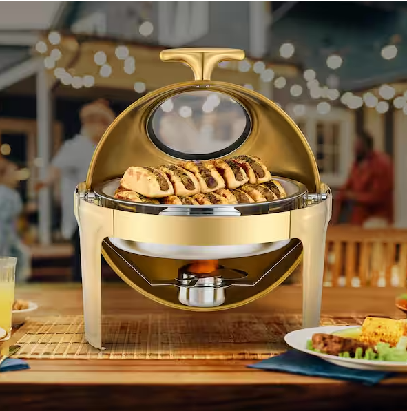 6.3 qt. Gold Stainless Steel Rectangular Chafing Dish for Buffet with Glass Window Full Size Food Pan