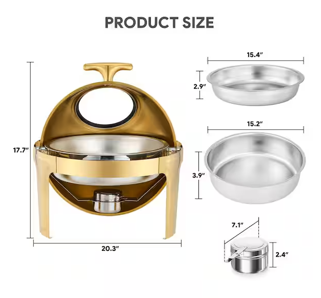 6.3 qt. Gold Stainless Steel Rectangular Chafing Dish for Buffet with Glass Window Full Size Food Pan
