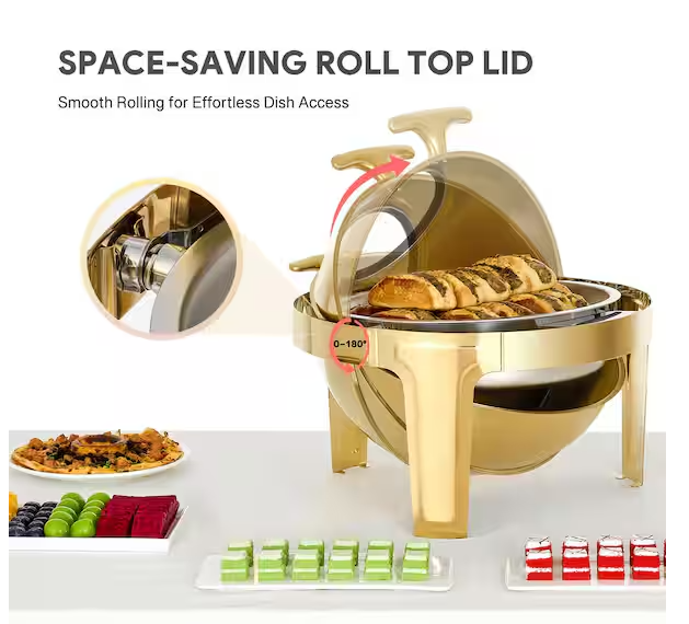 6.3 qt. Gold Stainless Steel Rectangular Chafing Dish for Buffet with Glass Window Full Size Food Pan