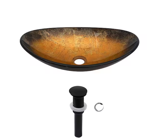 18-1/2 in. Boat-Shaped Brown Tempered Glass Bathroom Vessel Sink with Black Drain