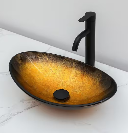 18-1/2 in. Boat-Shaped Brown Tempered Glass Bathroom Vessel Sink with Black Drain