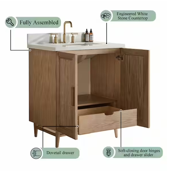 30 in. Brown Solid Wood Freestanding Bath Vanity with White Carrara Engineered Marble Top, Backsplash, Fully Assembled