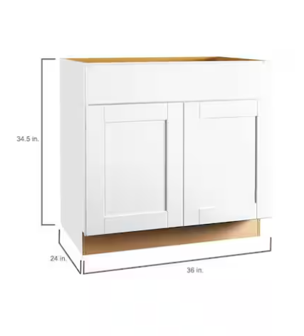 Shaker 36 in. W x 24 in. D x 34.5 in. H Assembled Sink Base Cabinet in Satin White