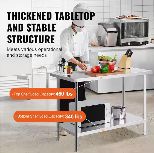 Stainless Steel Prep Table, 24 x 48 x 34 In. 800 lbs. Heavy Duty Metal Worktable with 3 Adjustable Height Silver